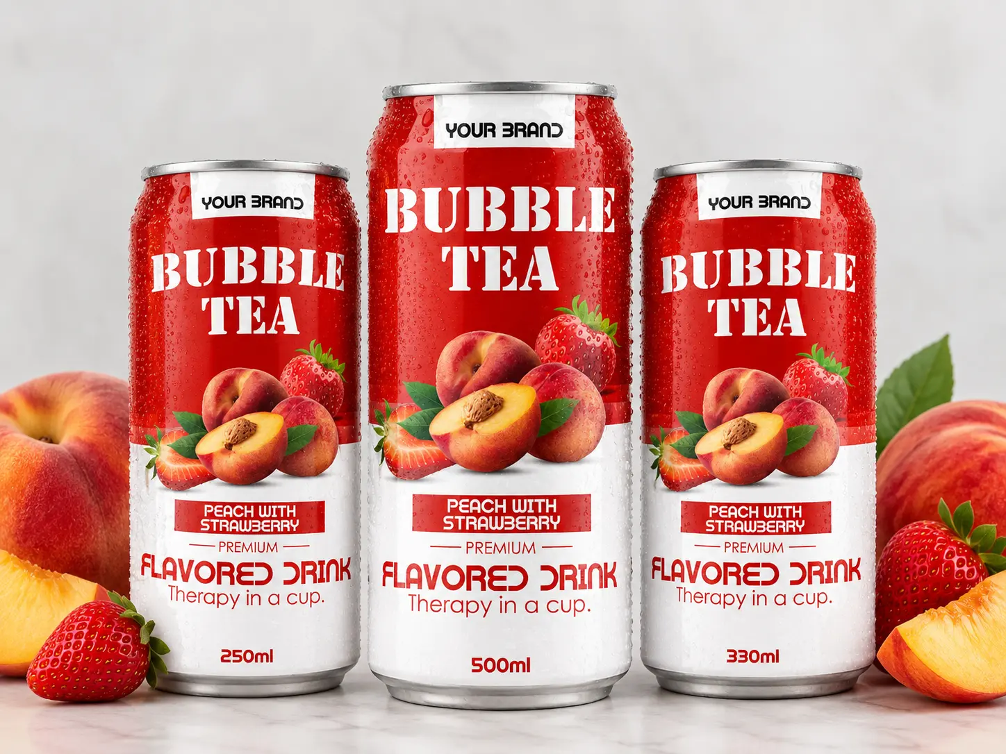 BUBBLE TEA Peach with Strawberry flavored drink shown in 250ml, 500ml, and 330ml cans.